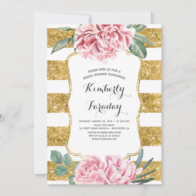 Invitación Bandas de oro Floral Vintage White Bridal Shower (Anverso)