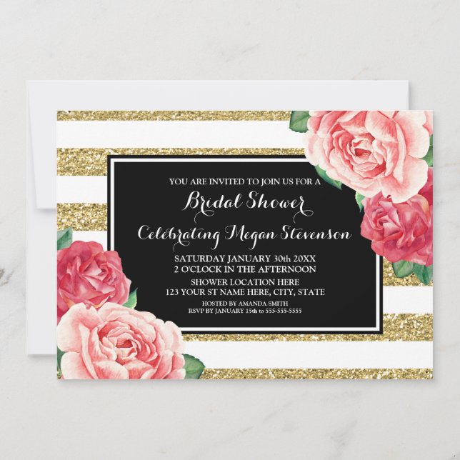 Invitación Bandas de oro negro Flores rosadas Ducha de novia (Reverso)