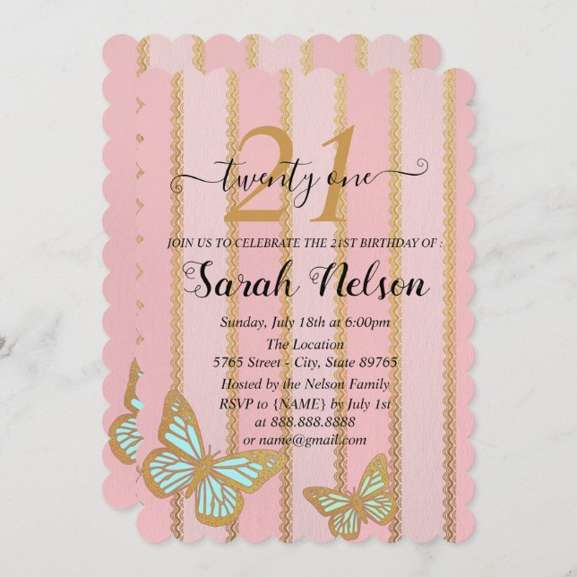 Invitación Bandas de oro rosadas y mariposa (Anverso / Reverso)