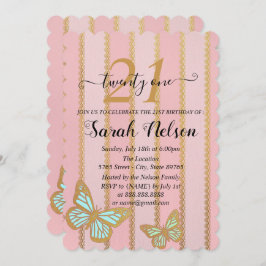 Invitación Bandas de oro rosadas y mariposa