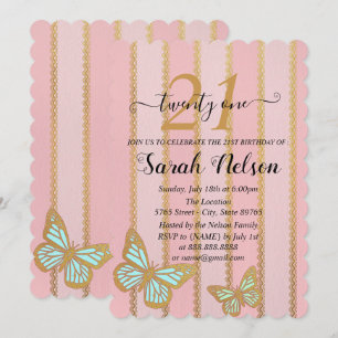 Invitación Bandas de oro rosadas y mariposa