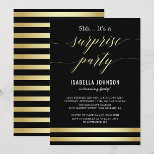Invitación Bandas de oro y negro Shh... Es un Fiesta sorpresa