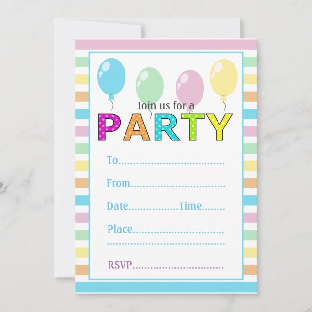 Invitación Bandas De Pastel Cute Y Globos Cumpleaños (Anverso)