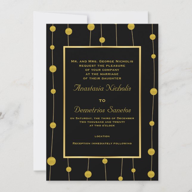 Invitación Bandas de Relieve metalizado negro, dorado y boda  (Anverso)
