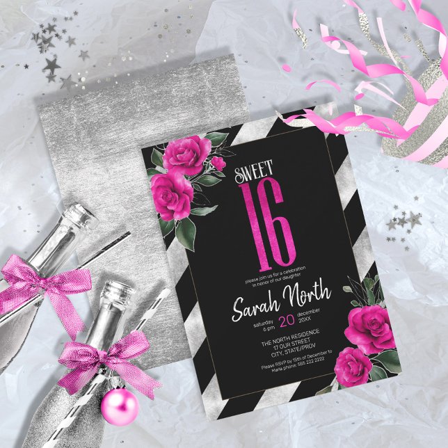 Invitación Bandas de Relieve metalizado plateado Floral Rosa  (Subido por el creador)