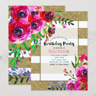 Invitación Bandas doradas y blancas Fiesta de cumpleaños flor