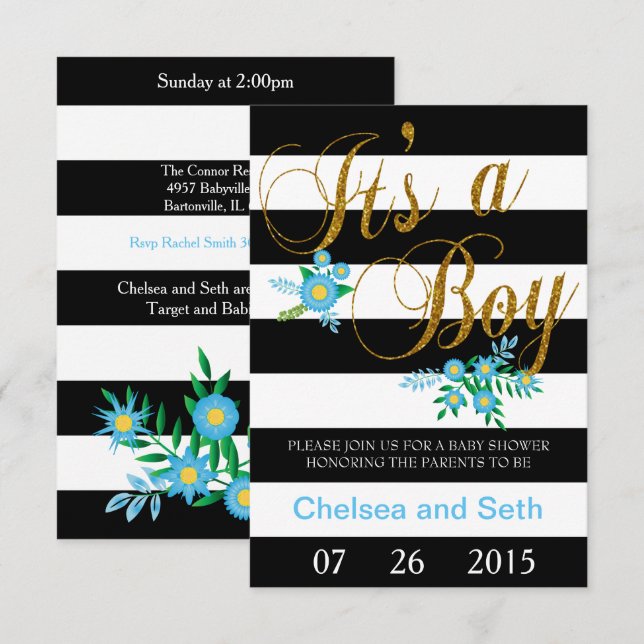 Invitación Bandas en blanco y negro| Floral azul| Baby Shower (Anverso / Reverso)