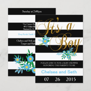 Invitación Bandas en blanco y negro  Floral azul  Baby Shower