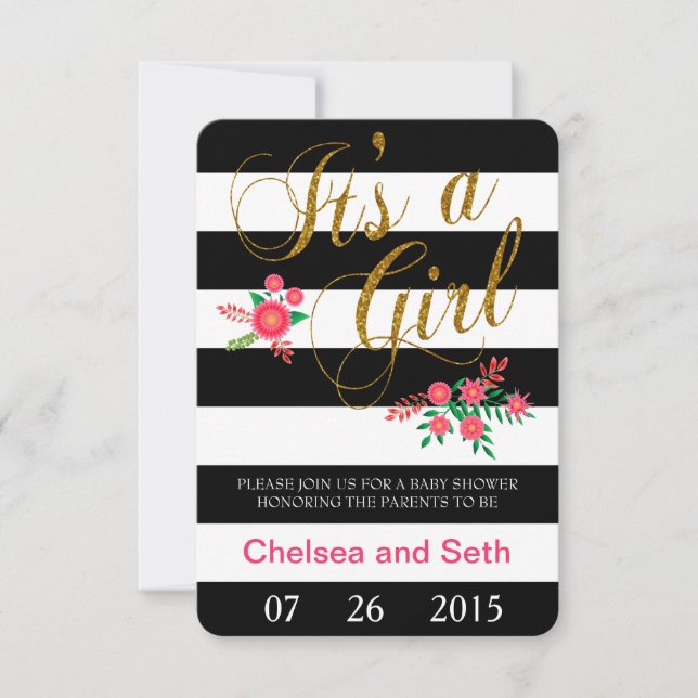 Invitación Bandas en blanco y negro| Floral rosa| Baby Shower (Anverso)