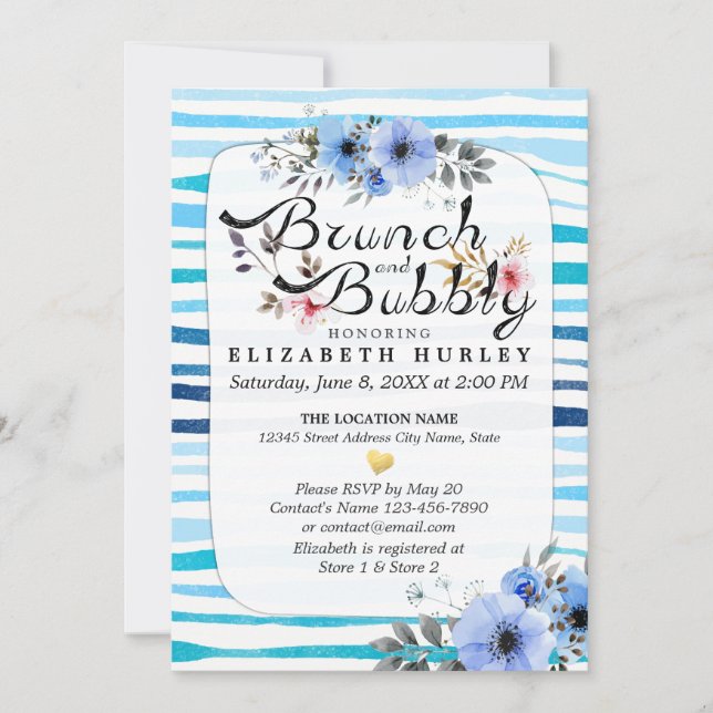 Invitación Bandas Florales Azules Ducha de novia Brunch & Bub (Anverso)