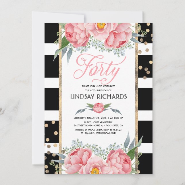 Invitación Bandas florales Decoración moderna de oro 40 Fiest (Anverso)