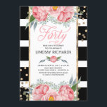 Invitación Bandas florales Decoración moderna de oro 40 Fiest<br><div class="desc">Invitaciones personalizadas de la fiesta de cumpleaños 40 con rayas negras y blancas y magníficas flores color de agua rosa - peonías y decoración de confeti dorado.</div>