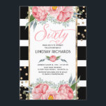 Invitación Bandas florales Decoración moderna de oro Fiesta d<br><div class="desc">Invitaciones personalizadas de la fiesta de cumpleaños número 60 con rayas negras y blancas y magníficas flores color de agua rosa - peonías y decoración de confeti dorado.</div>