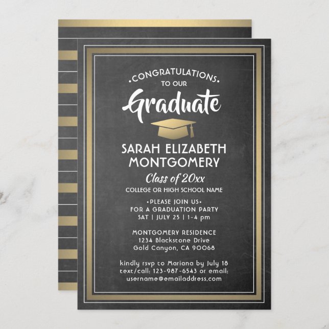 Invitación Bandas modernas Chalkboard negro y graduación de o (Anverso / Reverso)