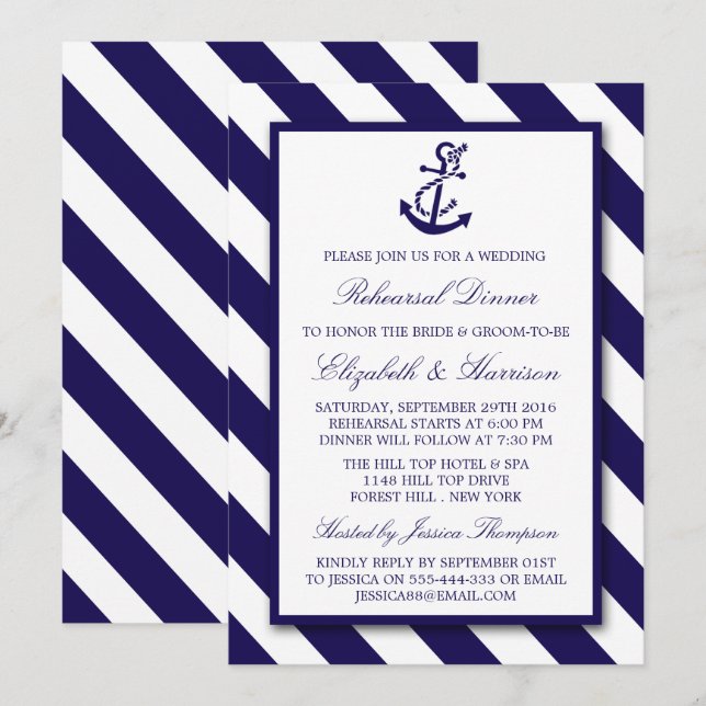 Invitación Bandas Náuticas Naval Anclaje Azul Ensayo Cena (Anverso / Reverso)