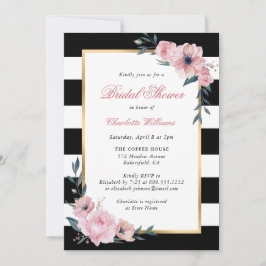 Invitación Bandas negras Doradas Floral Rosa Ducha de novia