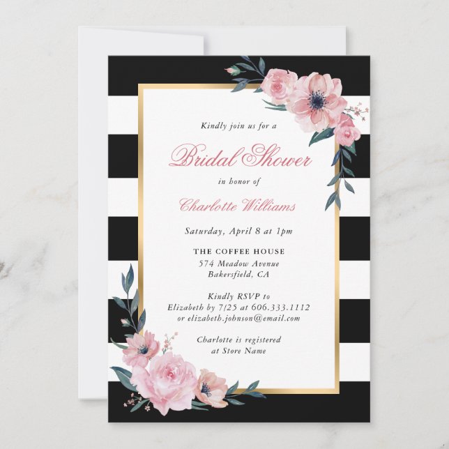 Invitación Bandas negras Doradas Floral Rosa Ducha de novia (Anverso)