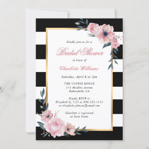 Invitación Bandas negras Doradas Floral Rosa Ducha de novia