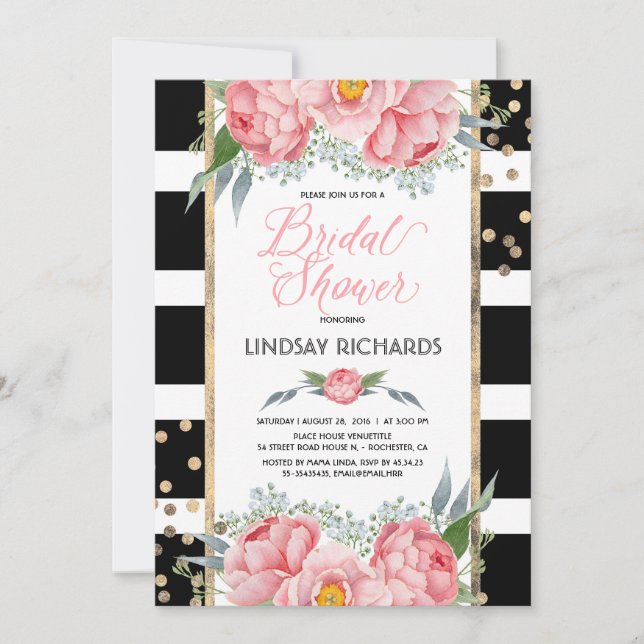 Invitación Bandas negras doradas y ducha de novia floral rosa (Anverso)