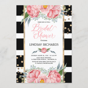 Invitación Bandas negras doradas y ducha de novia floral rosa