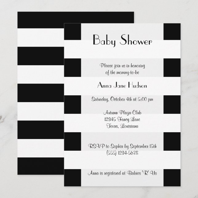 Invitación Bandas negras y blancas, líneas, Baby Shower (Anverso / Reverso)