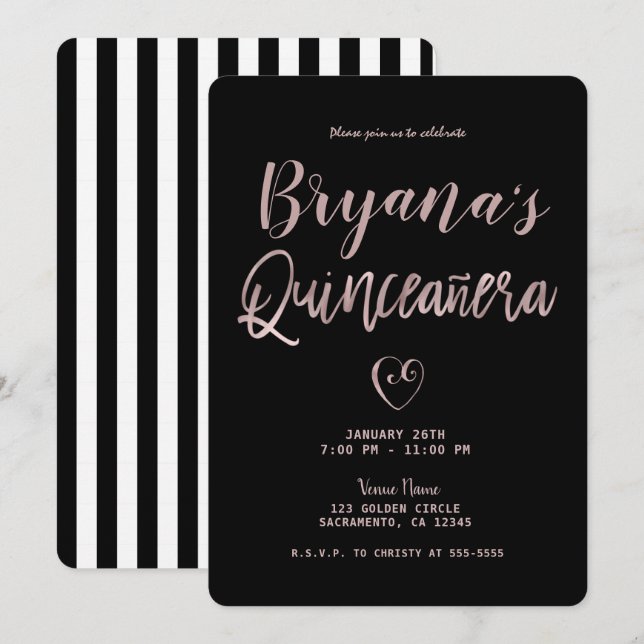 Invitación Bandas negras y blancas Rosa de oro 15 Quinceañera (Anverso / Reverso)