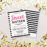 Invitación Bandas negras y blancas Sweet 16 Birthday Invitati<br><div class="desc">Esta invitación a la moda dulce de 16 años tiene un elegante fondo de rayas negras y blancas y la palabra "dulce" en acuarela rosa bonito. Esto es perfecto para el chica de cumpleaños que celebra cumplir dieciséis años con una fiesta de cumpleaños. Personalice esta invitación reemplazando el texto del...</div>