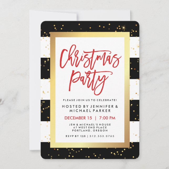 Invitación Bandas negras y blancas y oro | Fiesta de navidade (Anverso)