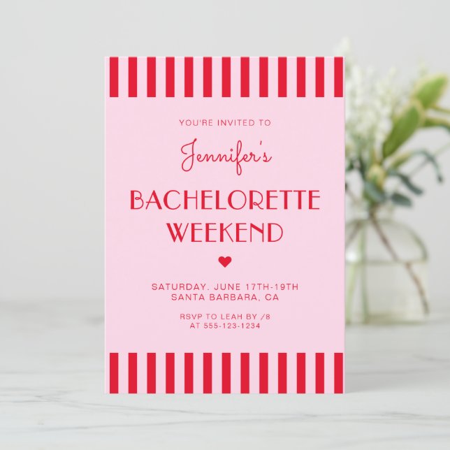 Invitación Bandas Rojas y Rosa Bachelorette Weekend Itinerari (Anverso de pie)