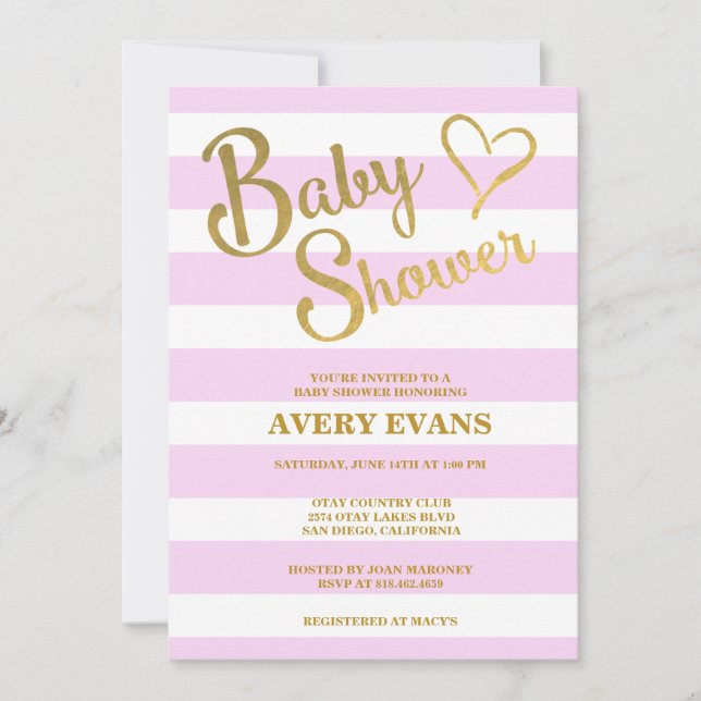 Invitación Bandas rosas Baby Shower con corazón dorado (Anverso)