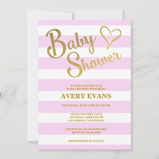 Invitación Bandas rosas Baby Shower con corazón dorado