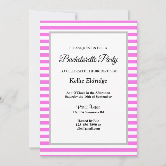 Invitación Bandas rosas/blancas enmarcadas en la fiesta de la (Anverso)