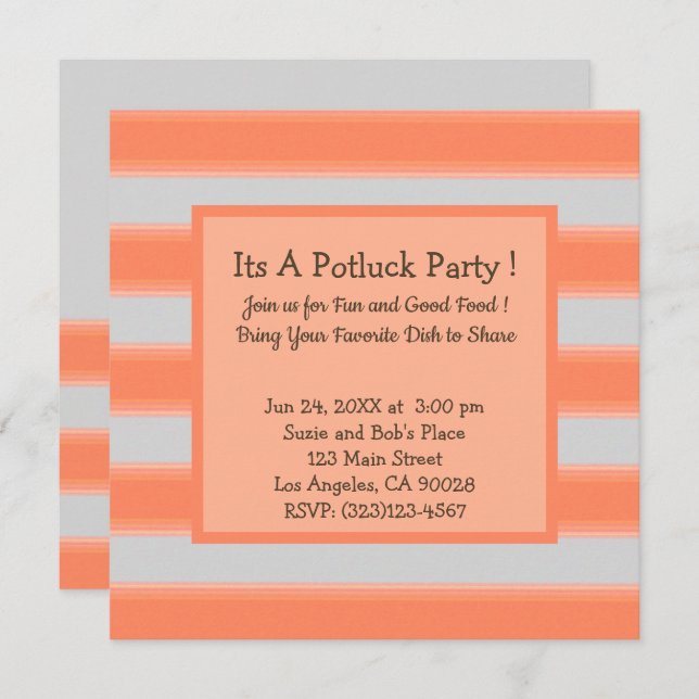 Invitación Bandas simples en negrita Naranja Potluck Fiesta (Anverso / Reverso)