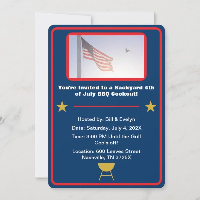 Invitación Bandera azul americana 4 de julio de barbacoa (Anverso)