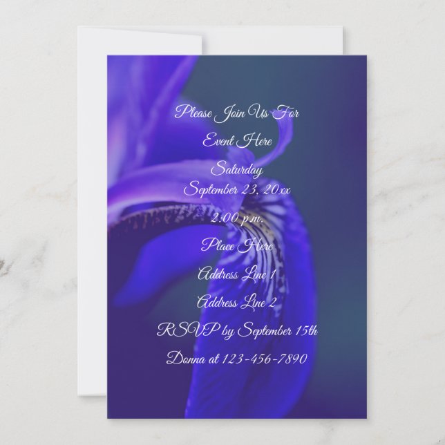 Invitación Bandera Azul Iris Flor Petal Elegante Fiesta (Anverso)