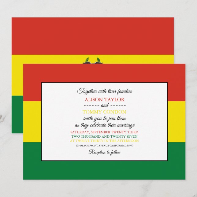 Invitación Bandera boliviana, Boda de Bandera de Bolivia (Anverso / Reverso)