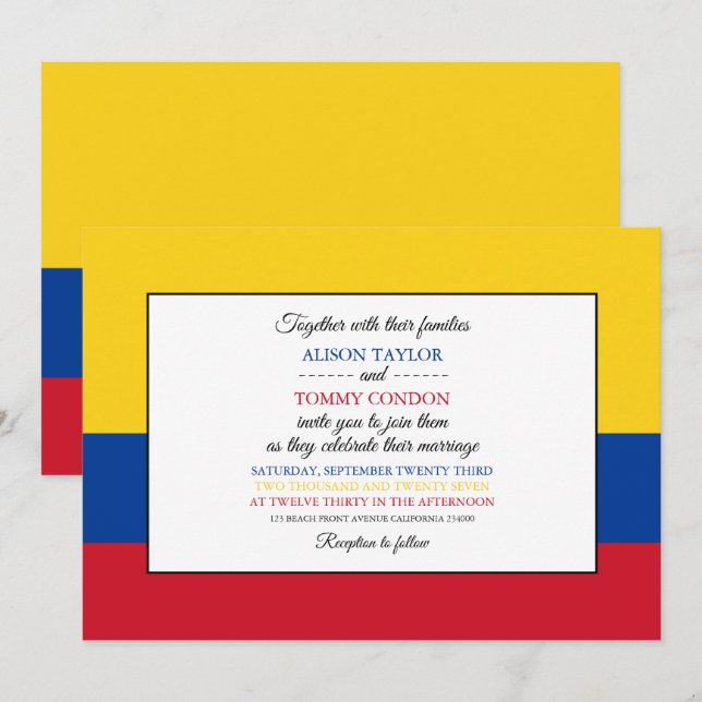 Invitación Bandera colombiana, bandera de Colombia Boda (Anverso / Reverso)