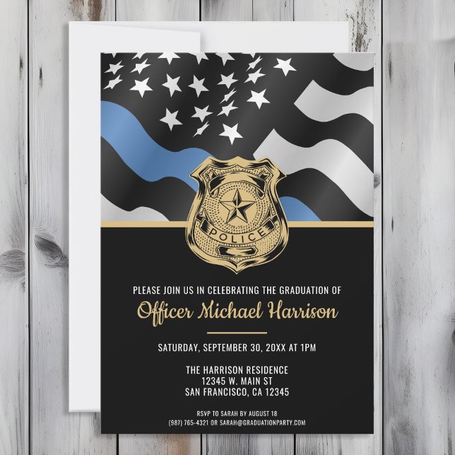 Invitación Bandera de aplicación de la ley de graduación de l (Perfect invitation to invite guests to celebrate the new police academy graduate in law enforcement!)