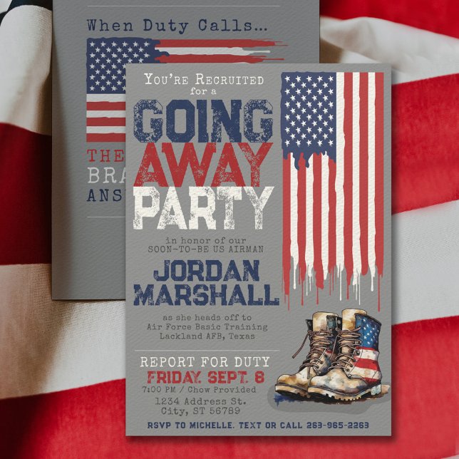 Invitación Bandera de botes militares GRY se va Fiesta de des (Military going away farewell party invitation front and back with vintage combat boots & drip flag)