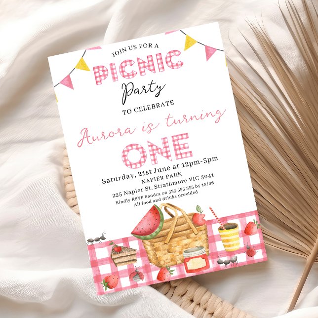 Invitación Bandera de Bunting Cute Pink Gingham Picnic Primer (Girls Picnic Party 1st Birthday Invitation Template, Pink Gingham Picnic 1st Birthday Invitation
)