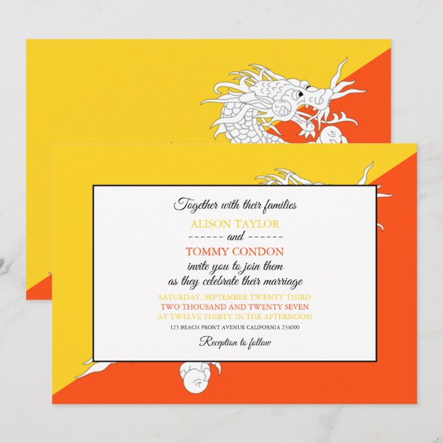 Invitación Bandera de Bután, bandera de Bután Boda (Anverso / Reverso)