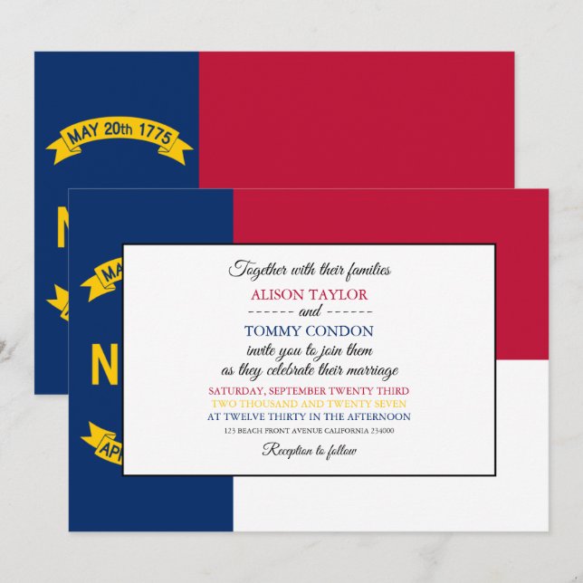 Invitación Bandera de Carolina del Norte, Boda de Carolina de (Anverso / Reverso)