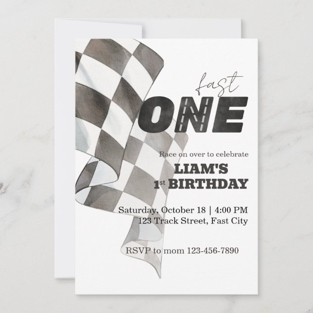 Invitación Bandera de cumpleaños de carrera Fast ONE Tema de  (Anverso)