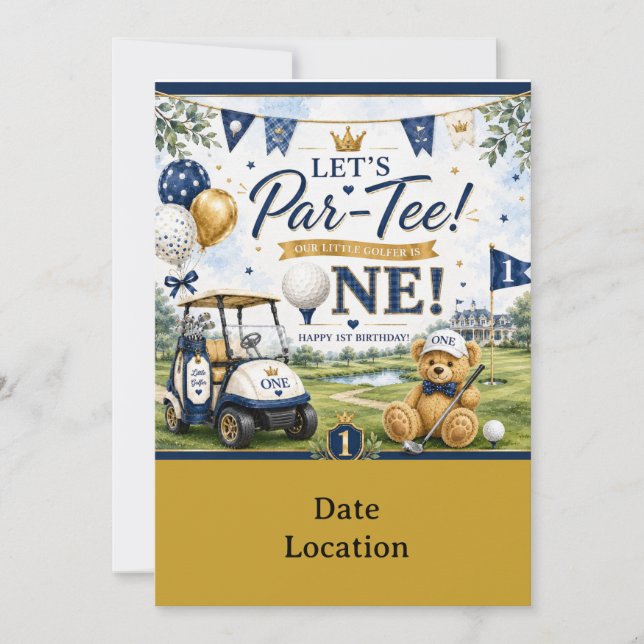 Invitación Bandera de cumpleaños número 1 de golf con carrito (Anverso)