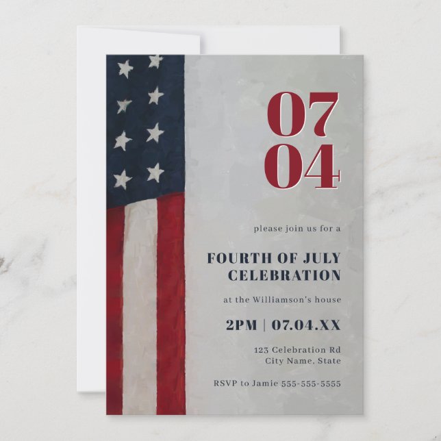 Invitación Bandera de Estrellas y Rayas Azul Blanco Rojo 4 de (Anverso)