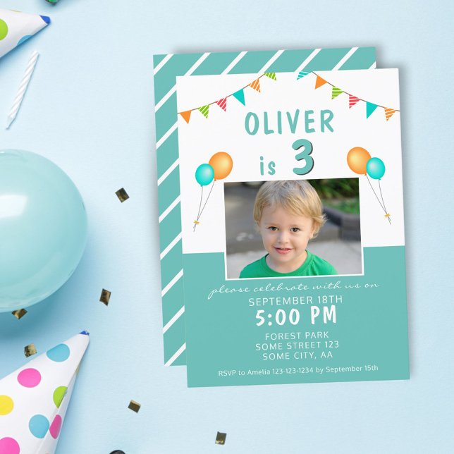 Invitación Bandera de globo Bunting Blue Photo Birday Party (Subido por el creador)