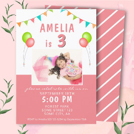Invitación Bandera de globo Bunting Pink Photo Birday Party