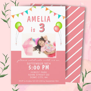 Invitación Bandera de globo Bunting Pink Photo Birday Party