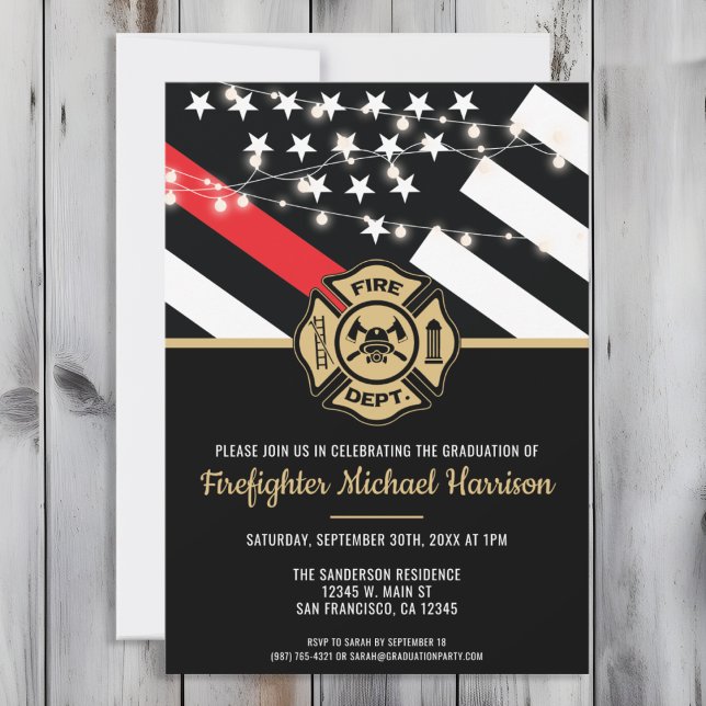 Invitación Bandera de la Línea Roja de la Academia de Bombero (Perfect invitation to invite guests to celebrate the new fire academy graduate in fire fighting!)