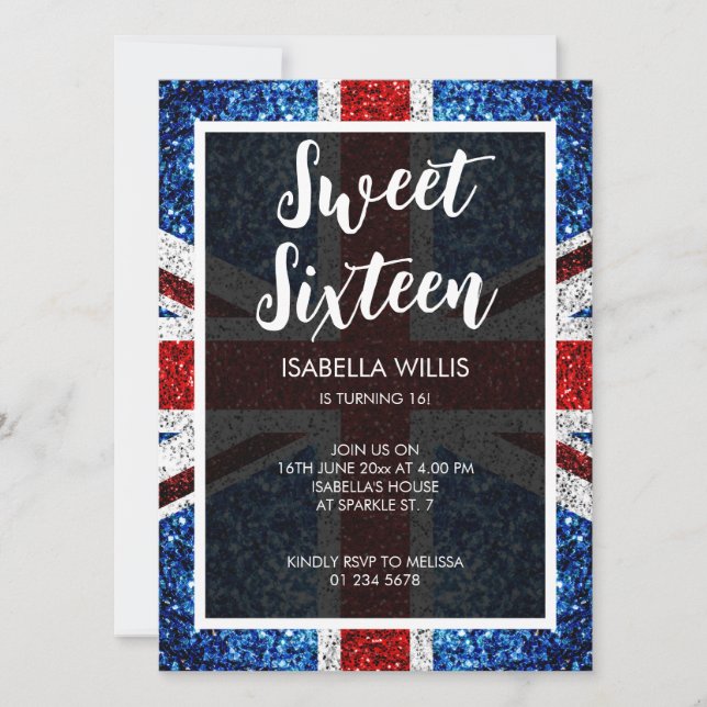 Invitación Bandera del Reino Unido azul blanco brillante eleg (Anverso)